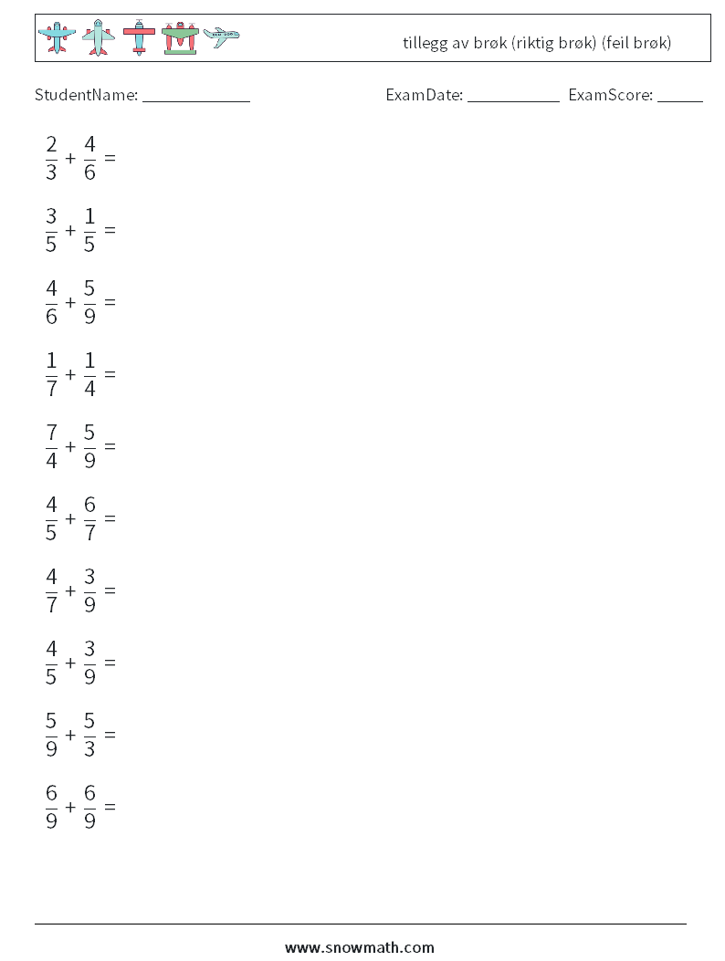 (10) tillegg av brøk (riktig brøk) (feil brøk) MathWorksheets 16