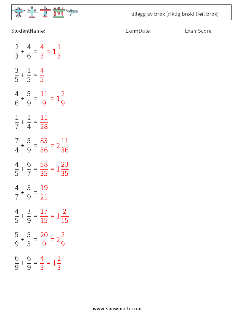 (10) tillegg av brøk (riktig brøk) (feil brøk) MathWorksheets 16 QuestionAnswer