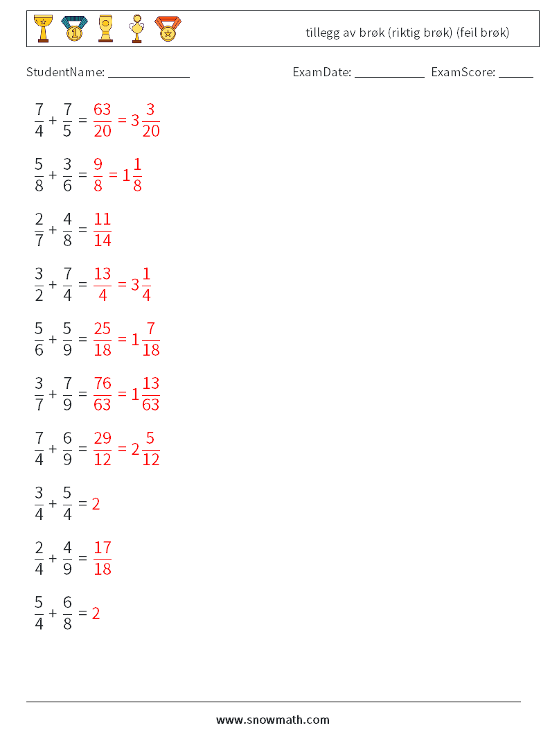 (10) tillegg av brøk (riktig brøk) (feil brøk) MathWorksheets 17 QuestionAnswer