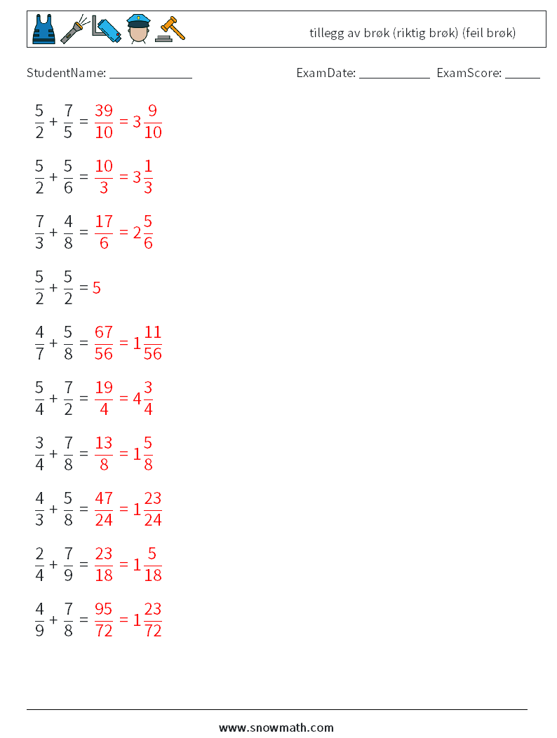 (10) tillegg av brøk (riktig brøk) (feil brøk) MathWorksheets 18 QuestionAnswer