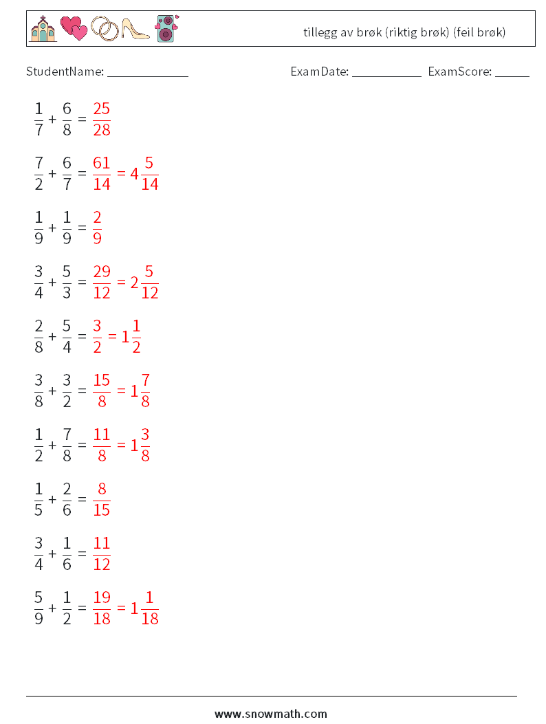 (10) tillegg av brøk (riktig brøk) (feil brøk) MathWorksheets 1 QuestionAnswer