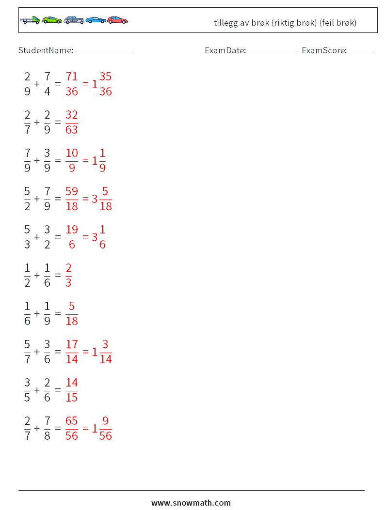 (10) tillegg av brøk (riktig brøk) (feil brøk) MathWorksheets 3 QuestionAnswer