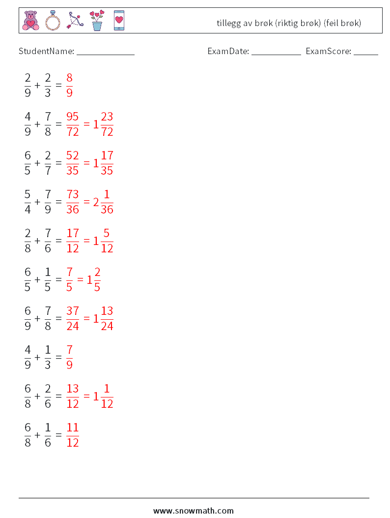 (10) tillegg av brøk (riktig brøk) (feil brøk) MathWorksheets 4 QuestionAnswer