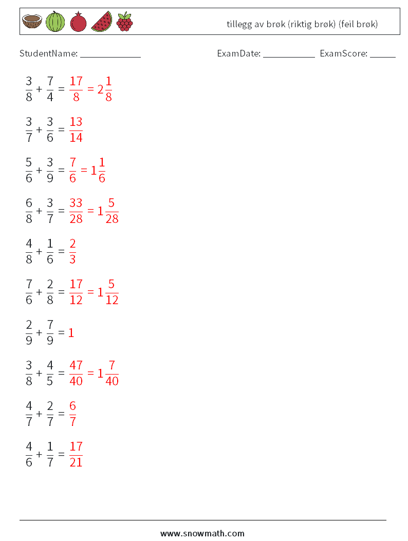 (10) tillegg av brøk (riktig brøk) (feil brøk) MathWorksheets 5 QuestionAnswer