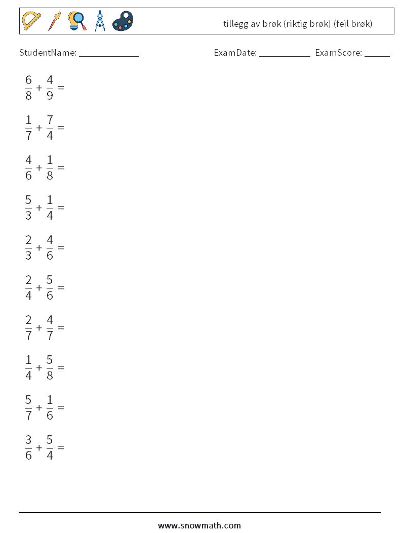 (10) tillegg av brøk (riktig brøk) (feil brøk) MathWorksheets 6