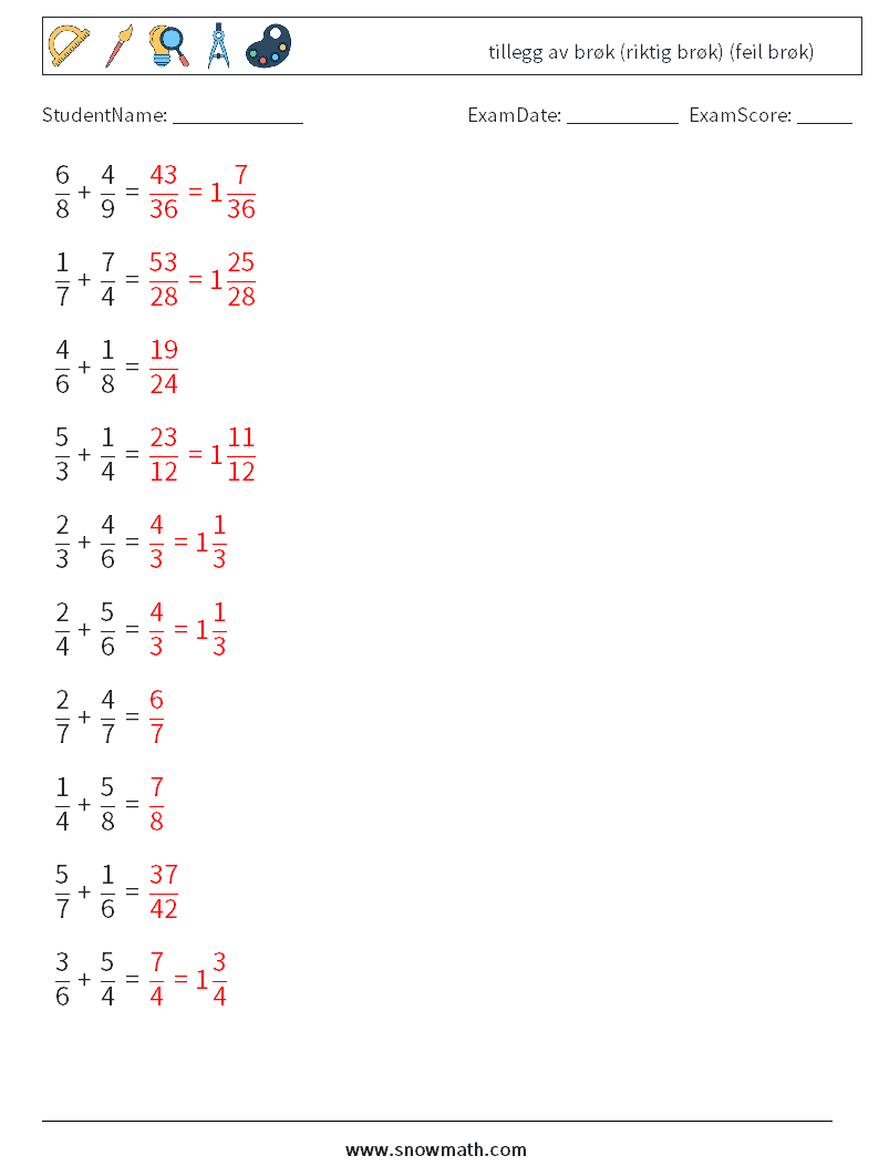 (10) tillegg av brøk (riktig brøk) (feil brøk) MathWorksheets 6 QuestionAnswer