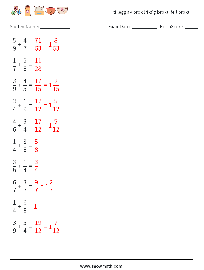 (10) tillegg av brøk (riktig brøk) (feil brøk) MathWorksheets 7 QuestionAnswer