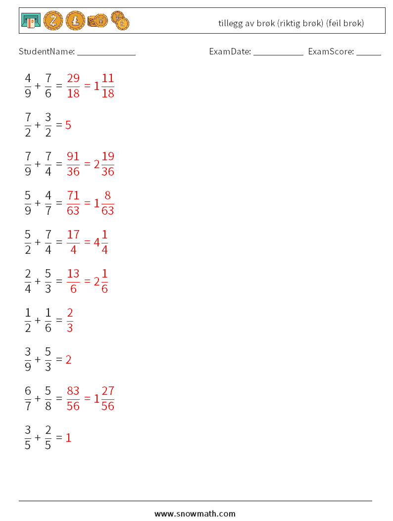 (10) tillegg av brøk (riktig brøk) (feil brøk) MathWorksheets 8 QuestionAnswer