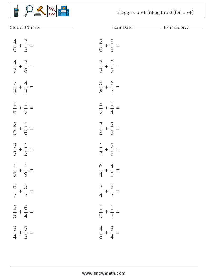 (20) tillegg av brøk (riktig brøk) (feil brøk) MathWorksheets 1