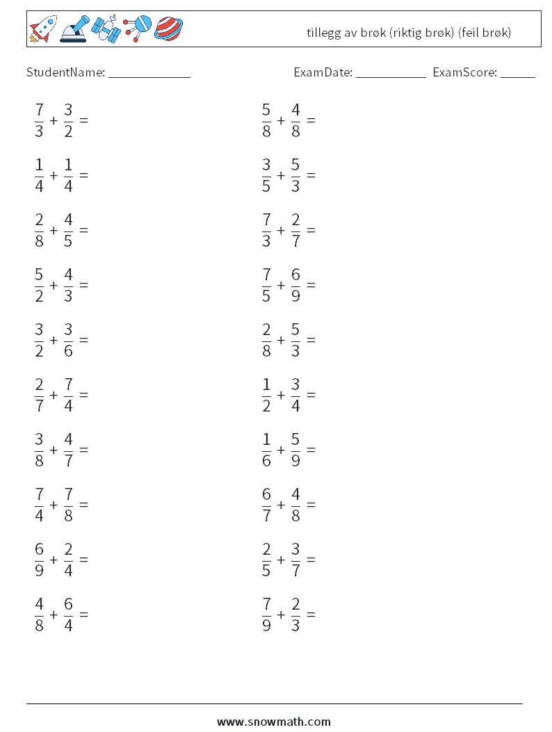 (20) tillegg av brøk (riktig brøk) (feil brøk) MathWorksheets 18