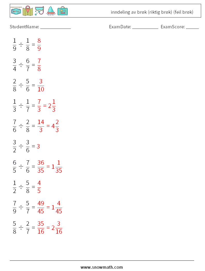 (10) inndeling av brøk (riktig brøk) (feil brøk) MathWorksheets 10 QuestionAnswer