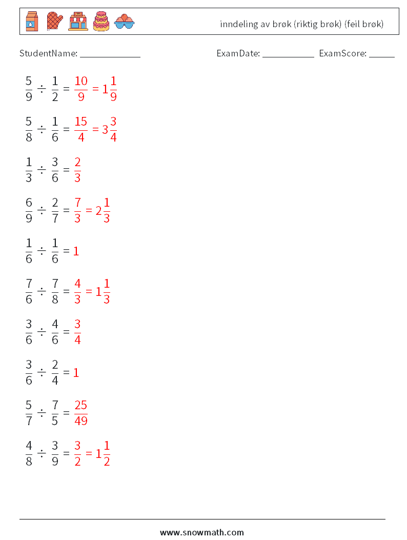 (10) inndeling av brøk (riktig brøk) (feil brøk) MathWorksheets 11 QuestionAnswer