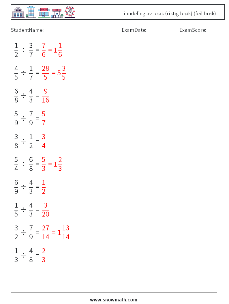 (10) inndeling av brøk (riktig brøk) (feil brøk) MathWorksheets 13 QuestionAnswer