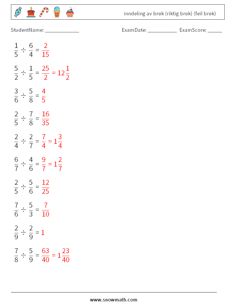 (10) inndeling av brøk (riktig brøk) (feil brøk) MathWorksheets 16 QuestionAnswer