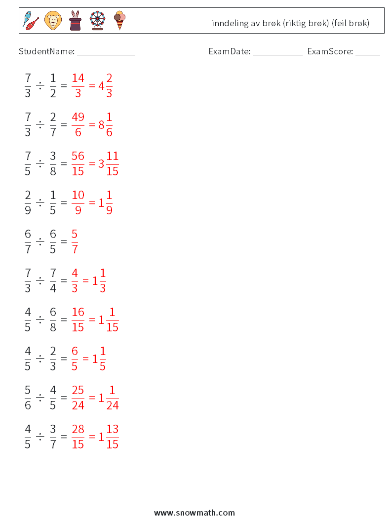 (10) inndeling av brøk (riktig brøk) (feil brøk) MathWorksheets 17 QuestionAnswer