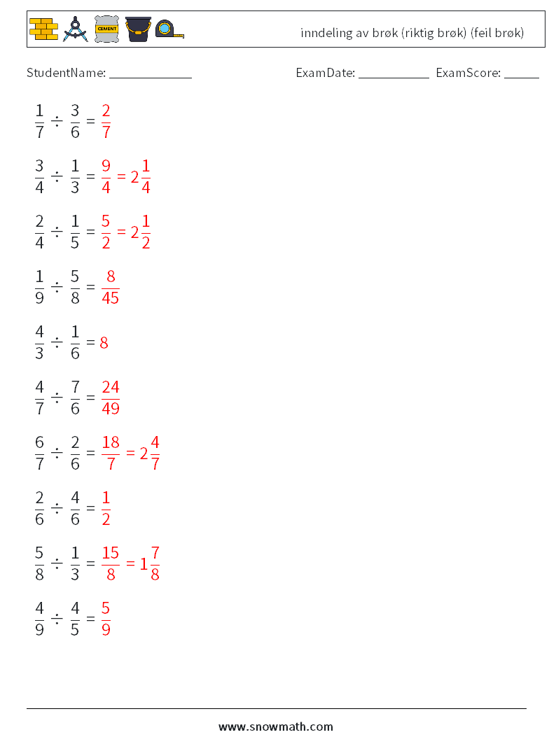 (10) inndeling av brøk (riktig brøk) (feil brøk) MathWorksheets 1 QuestionAnswer