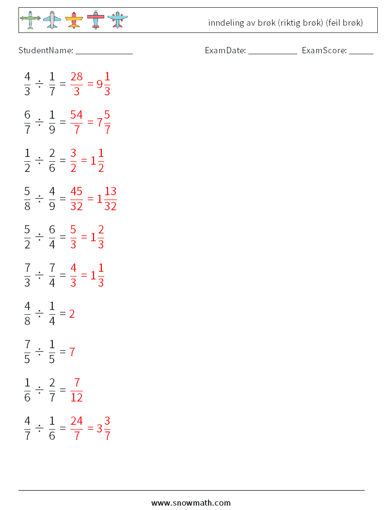 (10) inndeling av brøk (riktig brøk) (feil brøk) MathWorksheets 3 QuestionAnswer