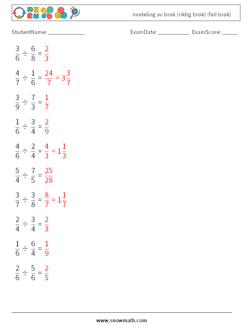 (10) inndeling av brøk (riktig brøk) (feil brøk) MathWorksheets 4 QuestionAnswer