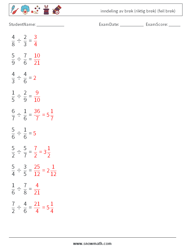 (10) inndeling av brøk (riktig brøk) (feil brøk) MathWorksheets 5 QuestionAnswer