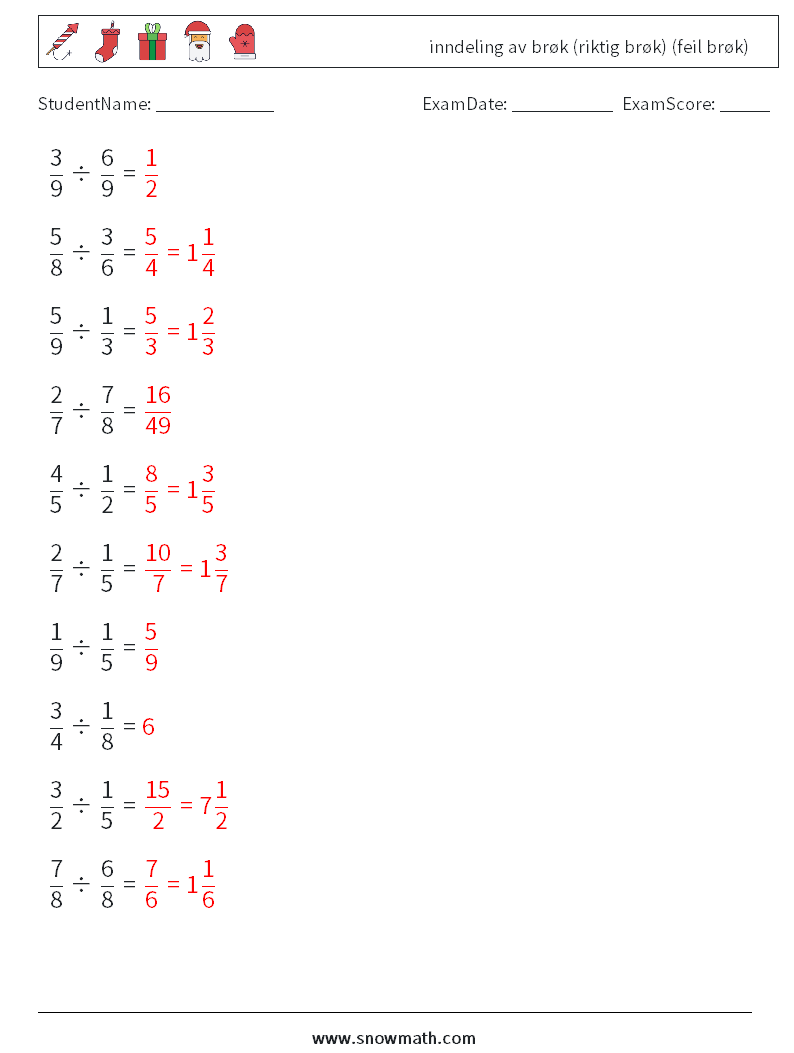 (10) inndeling av brøk (riktig brøk) (feil brøk) MathWorksheets 6 QuestionAnswer