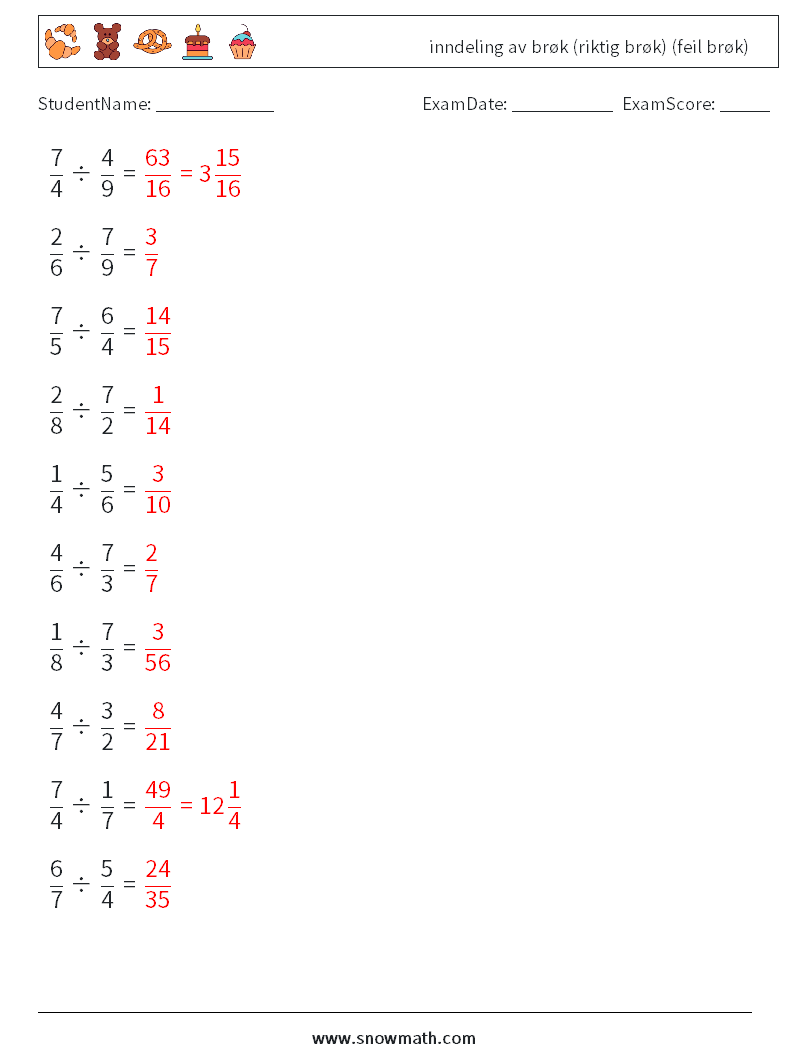 (10) inndeling av brøk (riktig brøk) (feil brøk) MathWorksheets 7 QuestionAnswer