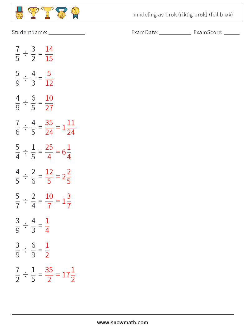 (10) inndeling av brøk (riktig brøk) (feil brøk) MathWorksheets 8 QuestionAnswer