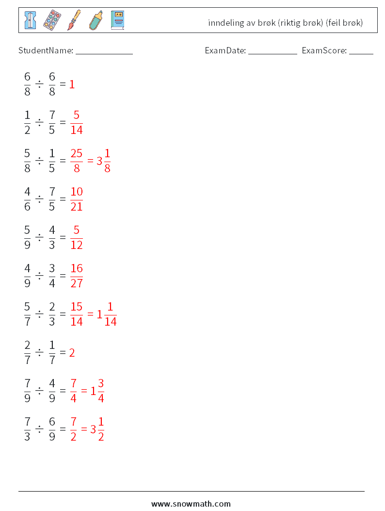 (10) inndeling av brøk (riktig brøk) (feil brøk) MathWorksheets 9 QuestionAnswer
