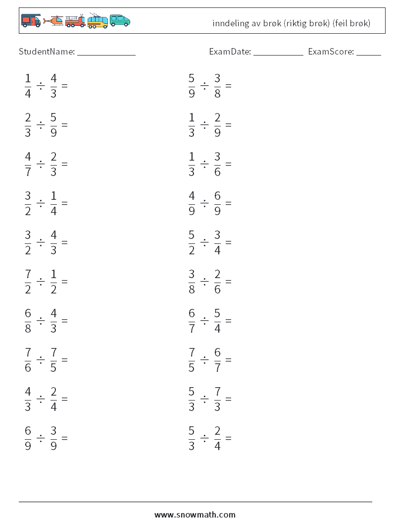 (20) inndeling av brøk (riktig brøk) (feil brøk) MathWorksheets 1