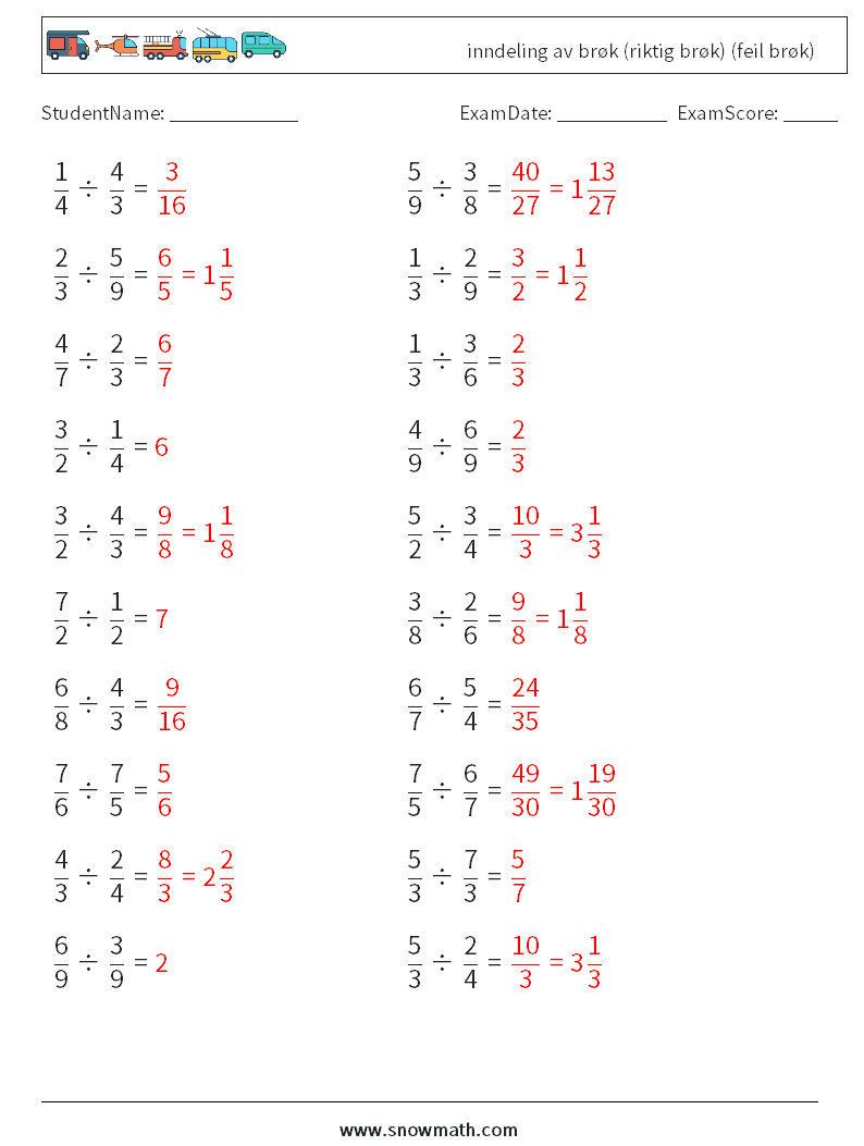 (20) inndeling av brøk (riktig brøk) (feil brøk) MathWorksheets 1 QuestionAnswer