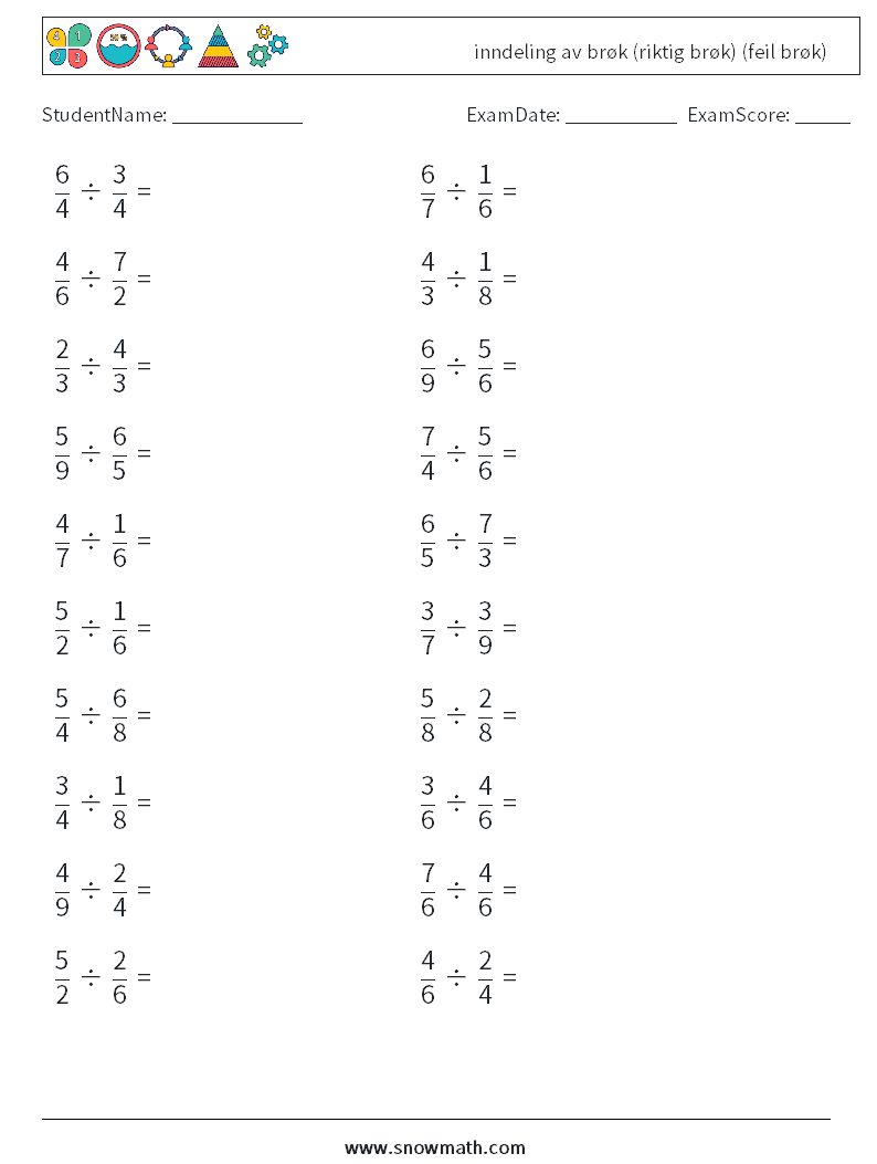 (20) inndeling av brøk (riktig brøk) (feil brøk) MathWorksheets 2