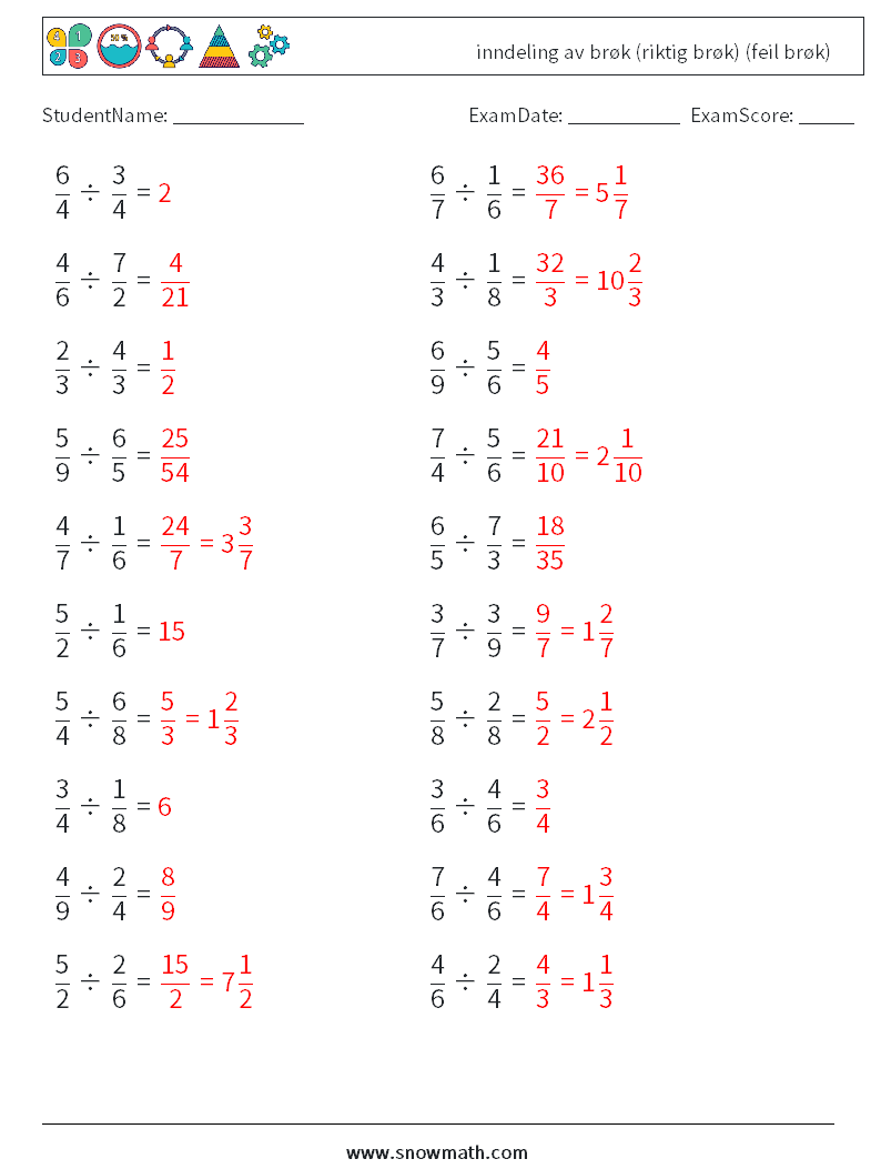 (20) inndeling av brøk (riktig brøk) (feil brøk) MathWorksheets 2 QuestionAnswer