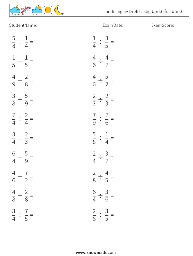 (20) inndeling av brøk (riktig brøk) (feil brøk) MathWorksheets 3