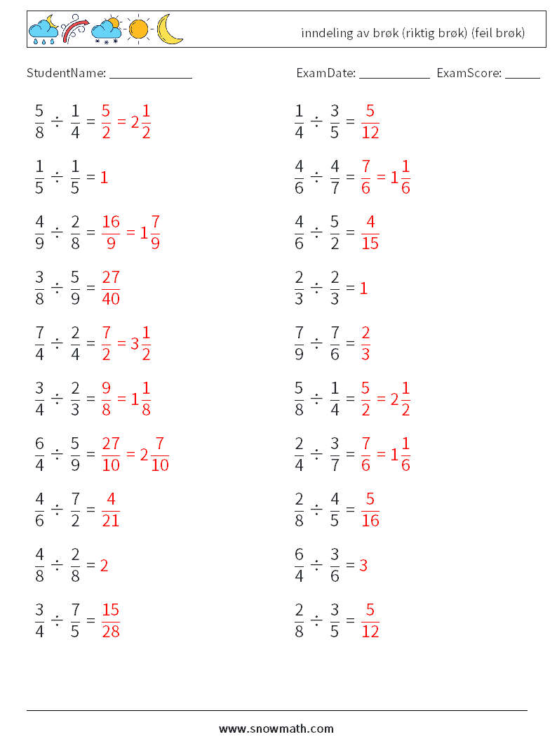 (20) inndeling av brøk (riktig brøk) (feil brøk) MathWorksheets 3 QuestionAnswer