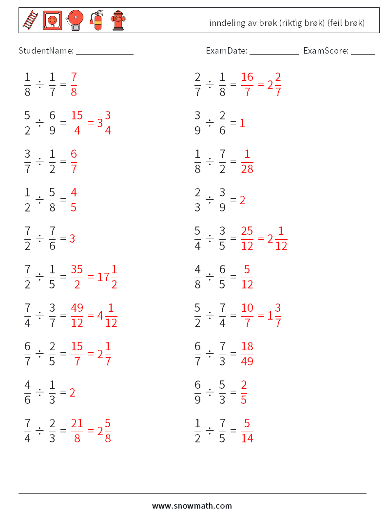(20) inndeling av brøk (riktig brøk) (feil brøk) MathWorksheets 4 QuestionAnswer