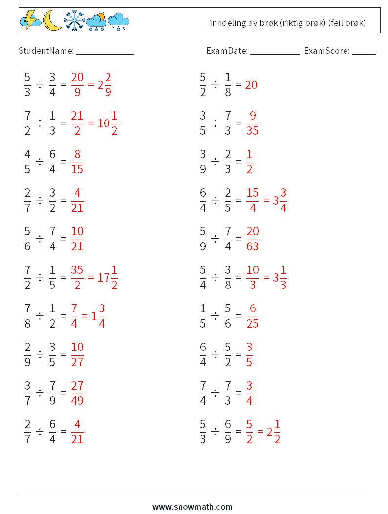 (20) inndeling av brøk (riktig brøk) (feil brøk) MathWorksheets 5 QuestionAnswer