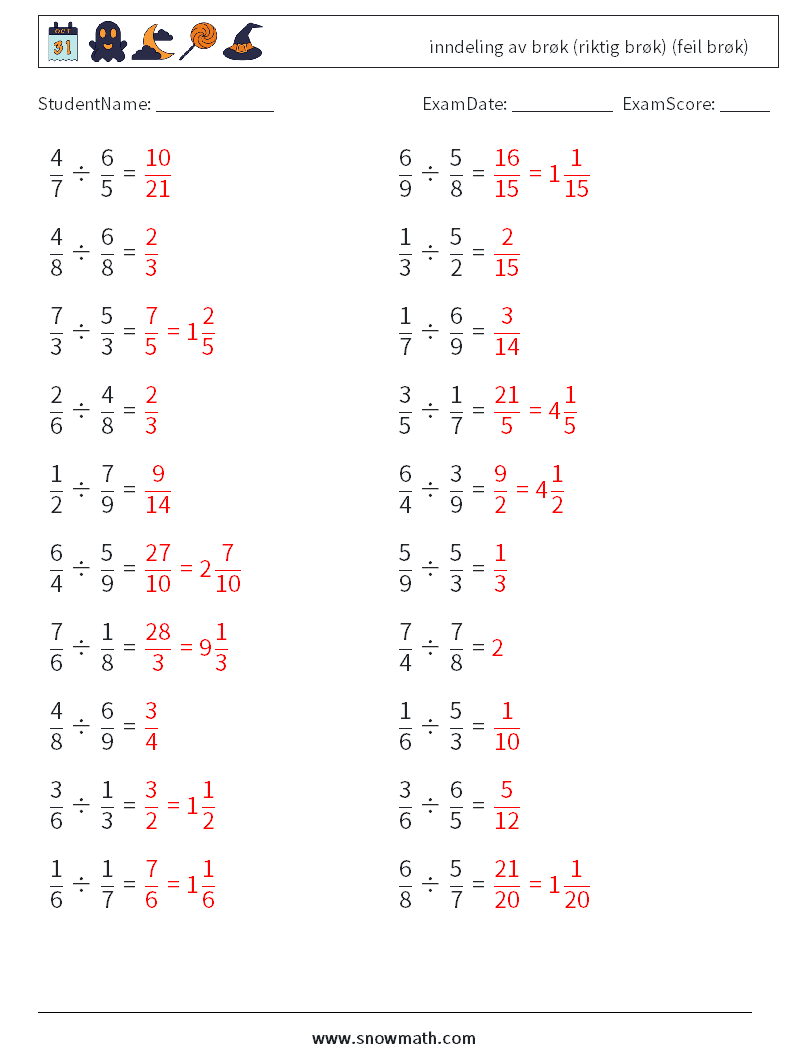 (20) inndeling av brøk (riktig brøk) (feil brøk) MathWorksheets 6 QuestionAnswer