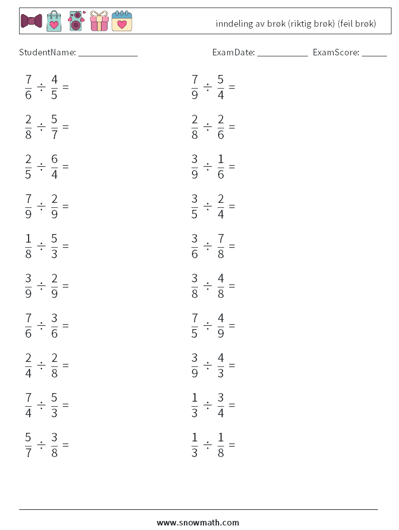 (20) inndeling av brøk (riktig brøk) (feil brøk) MathWorksheets 7