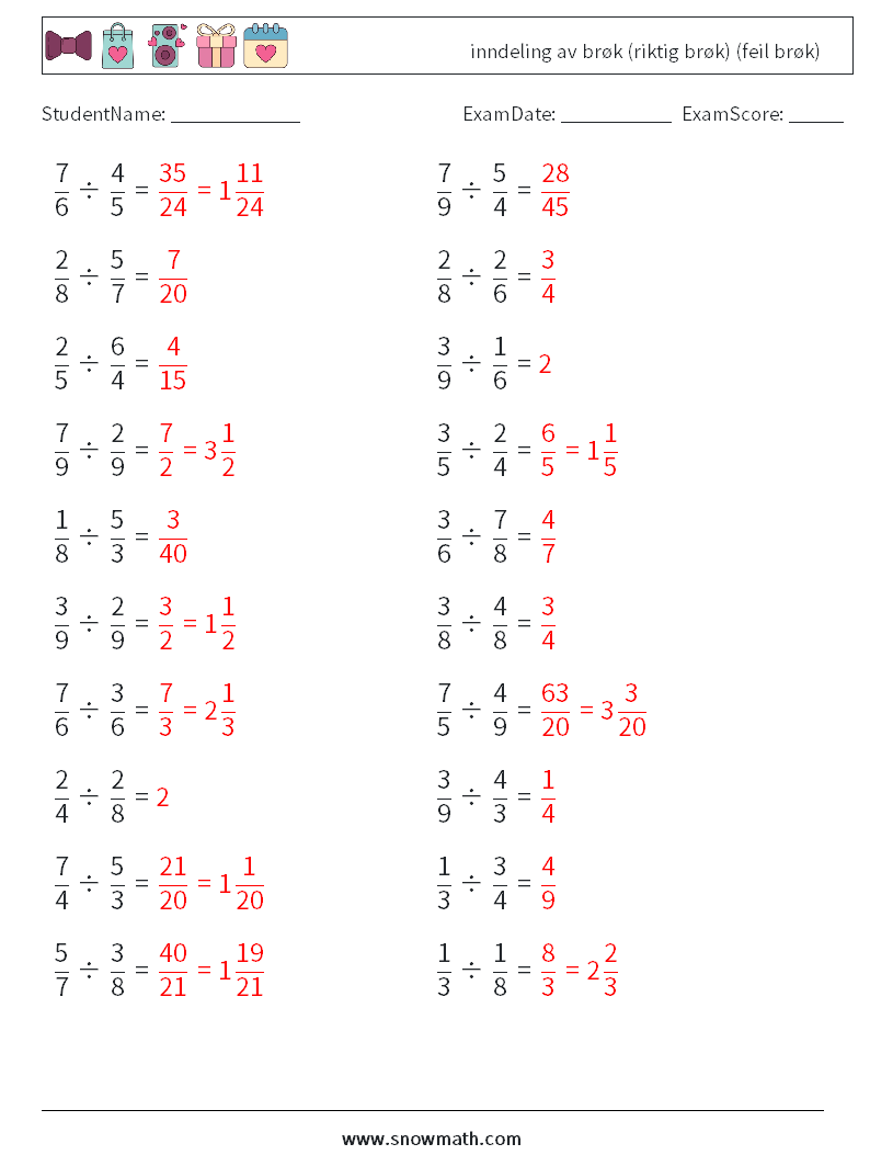 (20) inndeling av brøk (riktig brøk) (feil brøk) MathWorksheets 7 QuestionAnswer