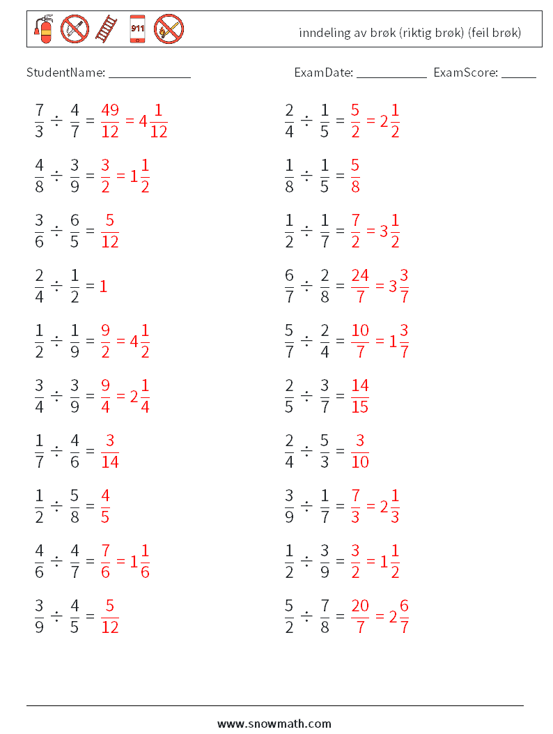 (20) inndeling av brøk (riktig brøk) (feil brøk) MathWorksheets 8 QuestionAnswer