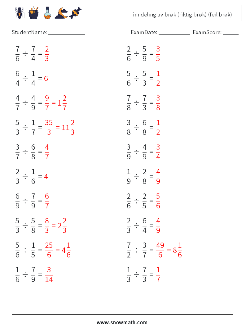 (20) inndeling av brøk (riktig brøk) (feil brøk) MathWorksheets 9 QuestionAnswer