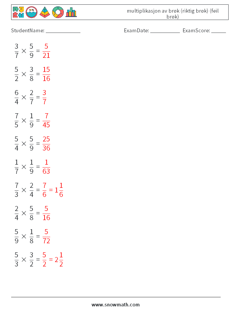 (10) multiplikasjon av brøk (riktig brøk) (feil brøk) MathWorksheets 10 QuestionAnswer