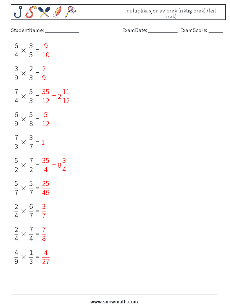 (10) multiplikasjon av brøk (riktig brøk) (feil brøk) MathWorksheets 11 QuestionAnswer