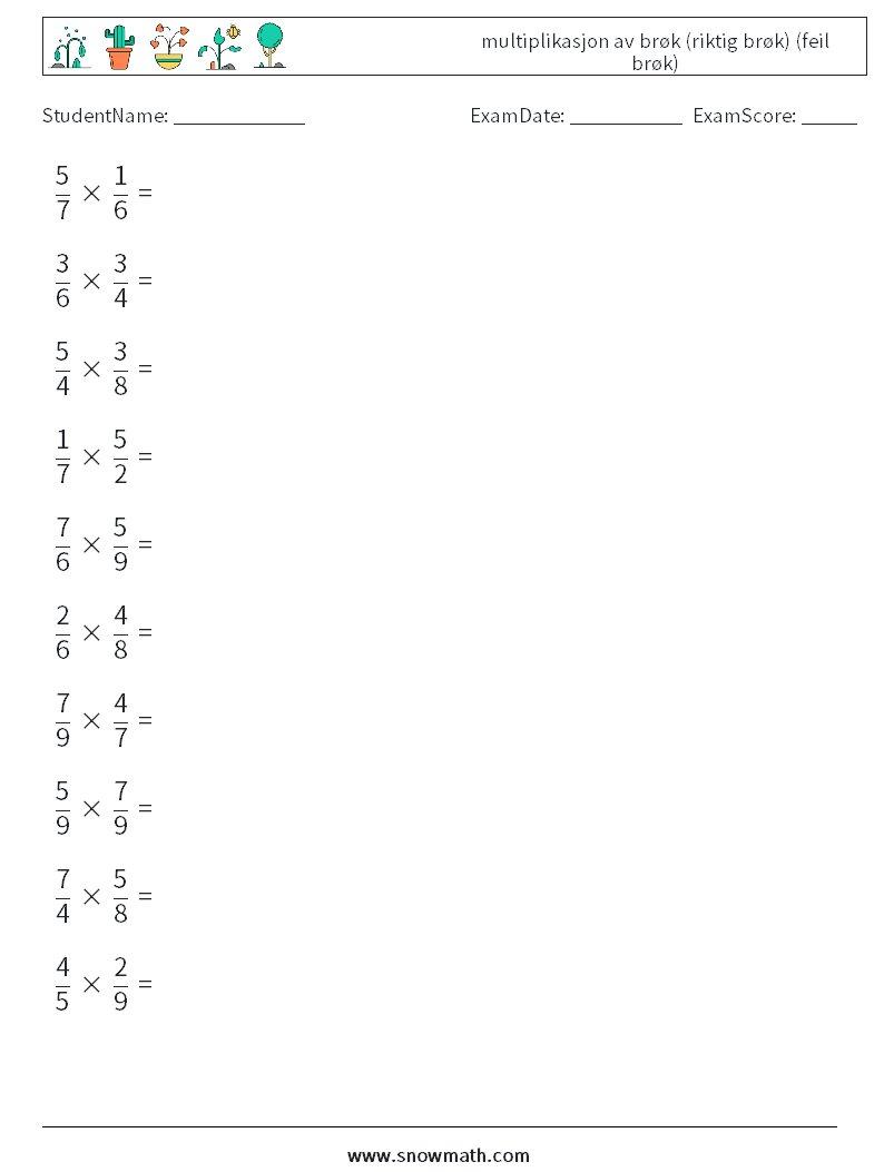 (10) multiplikasjon av brøk (riktig brøk) (feil brøk) MathWorksheets 12