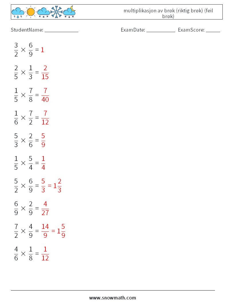 (10) multiplikasjon av brøk (riktig brøk) (feil brøk) MathWorksheets 13 QuestionAnswer