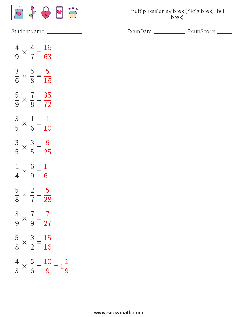 (10) multiplikasjon av brøk (riktig brøk) (feil brøk) MathWorksheets 15 QuestionAnswer