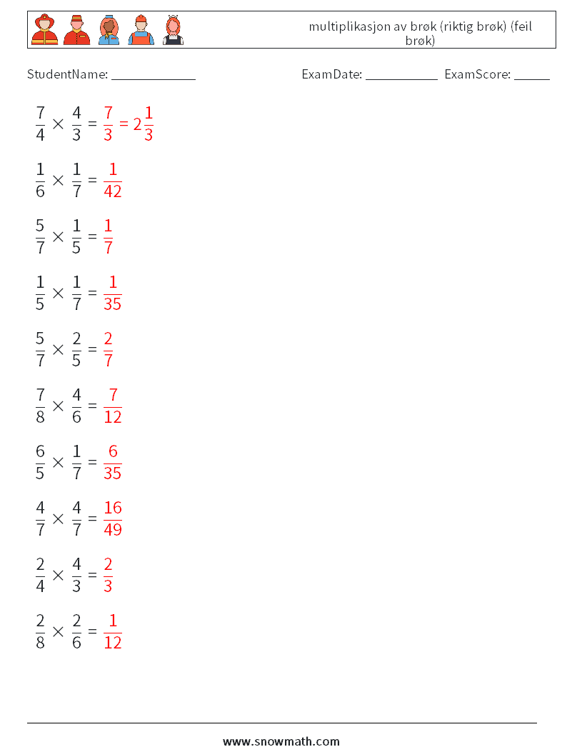 (10) multiplikasjon av brøk (riktig brøk) (feil brøk) MathWorksheets 16 QuestionAnswer