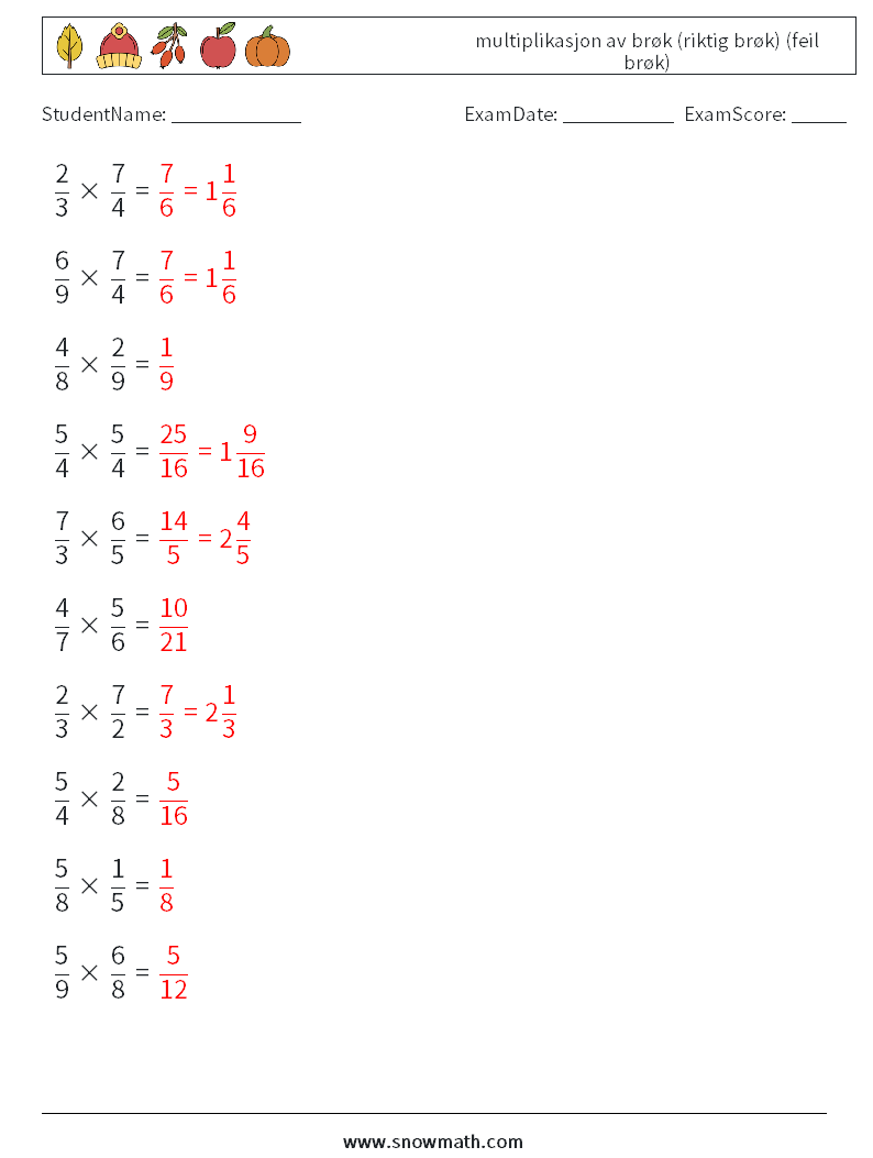 (10) multiplikasjon av brøk (riktig brøk) (feil brøk) MathWorksheets 18 QuestionAnswer