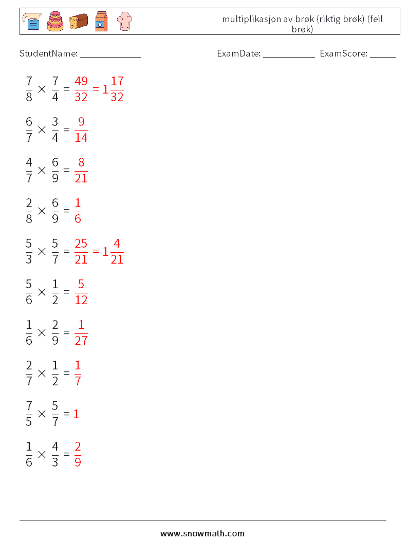 (10) multiplikasjon av brøk (riktig brøk) (feil brøk) MathWorksheets 1 QuestionAnswer
