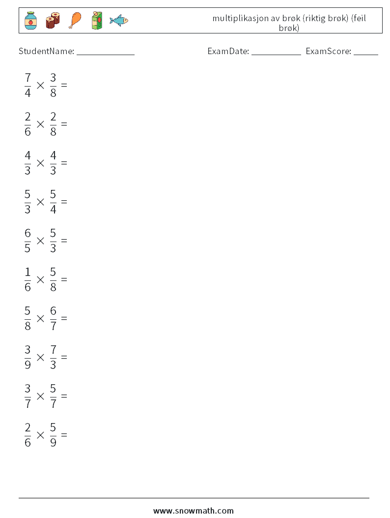 (10) multiplikasjon av brøk (riktig brøk) (feil brøk) MathWorksheets 3