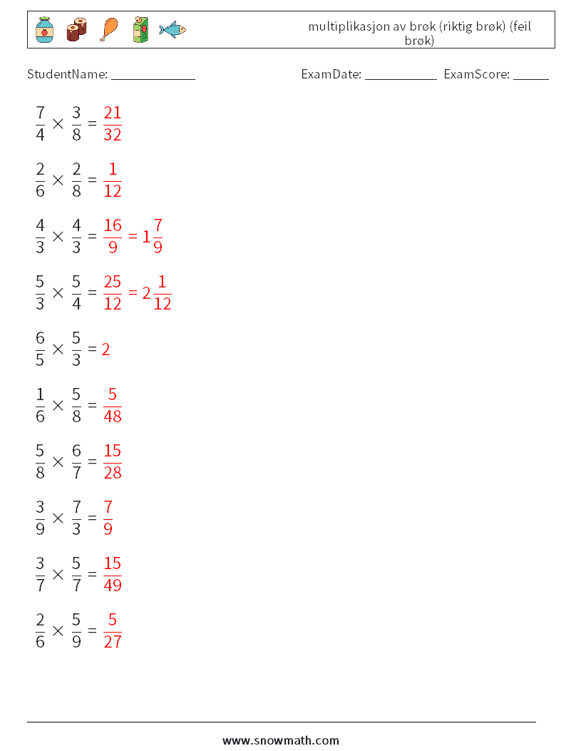 (10) multiplikasjon av brøk (riktig brøk) (feil brøk) MathWorksheets 3 QuestionAnswer
